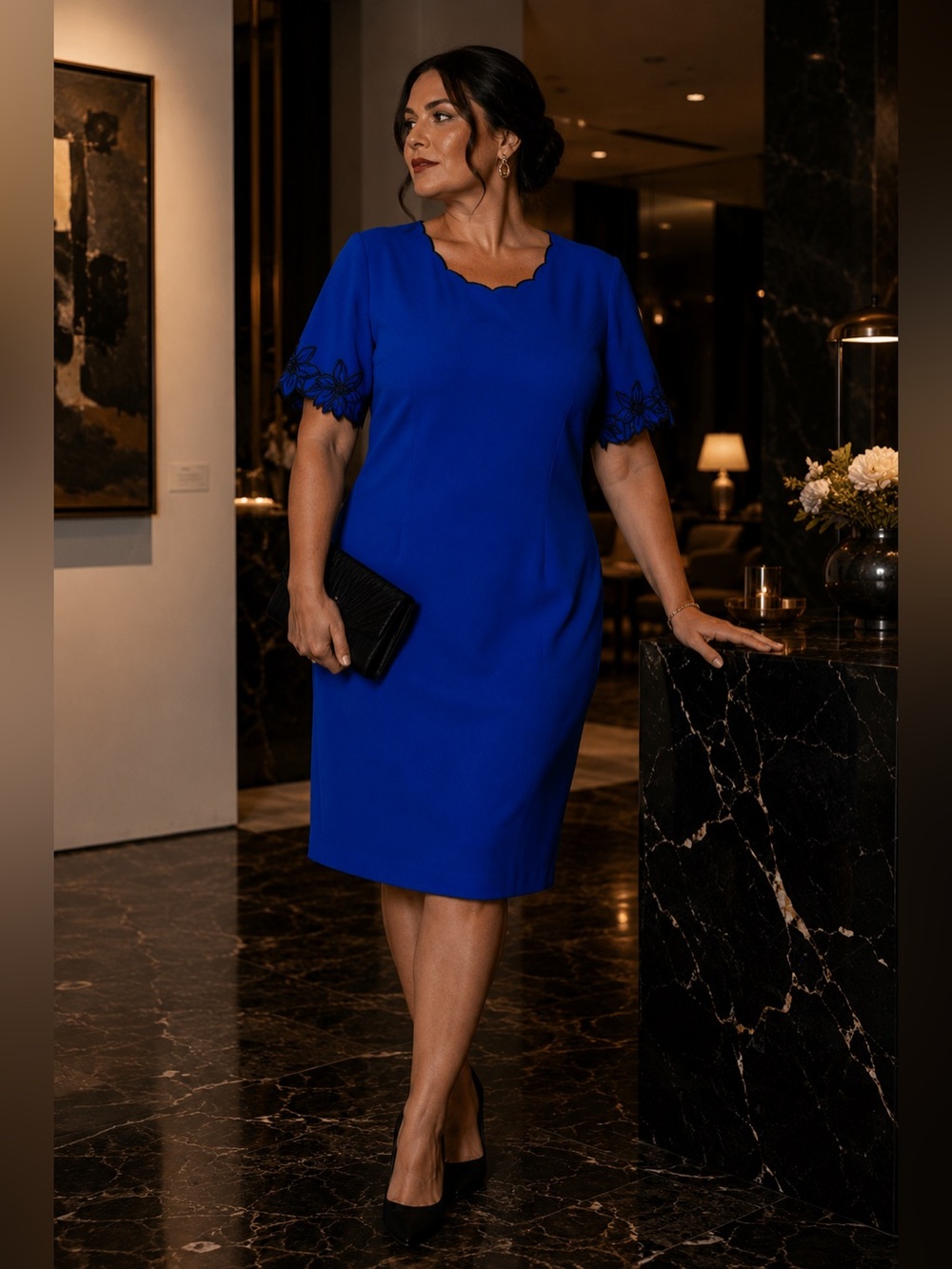 Vintage Cobalt Blue Scalloped Neck Midi Dress